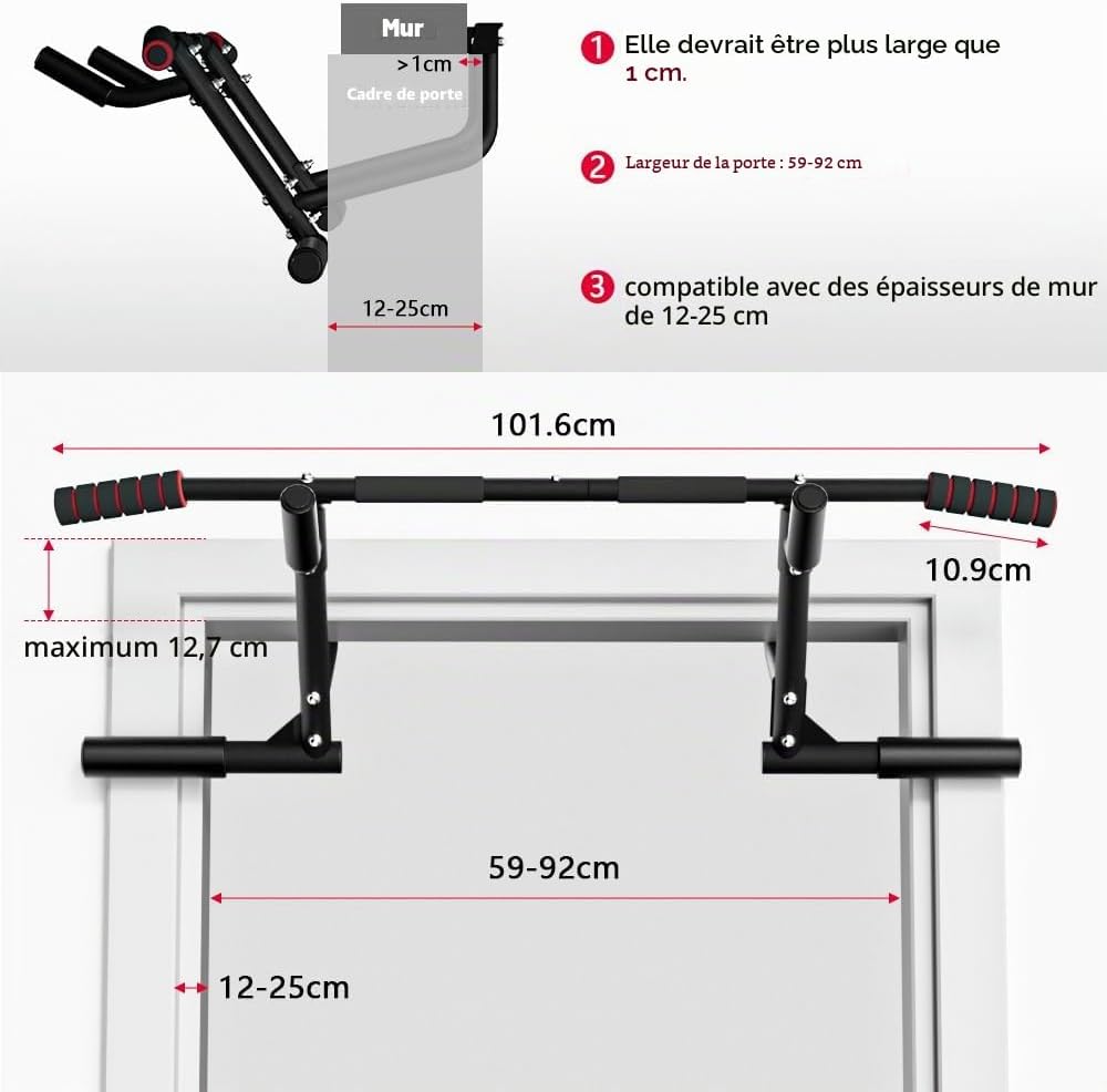 ONETWOFIT Barre de traction pour porte,Avec poignées antidérapantes,Jusqu'à 210 kg Multi-grip,Sans endommager le cadre de la porte,Largeur du cadre de porte Station de Musculation 2 en 1