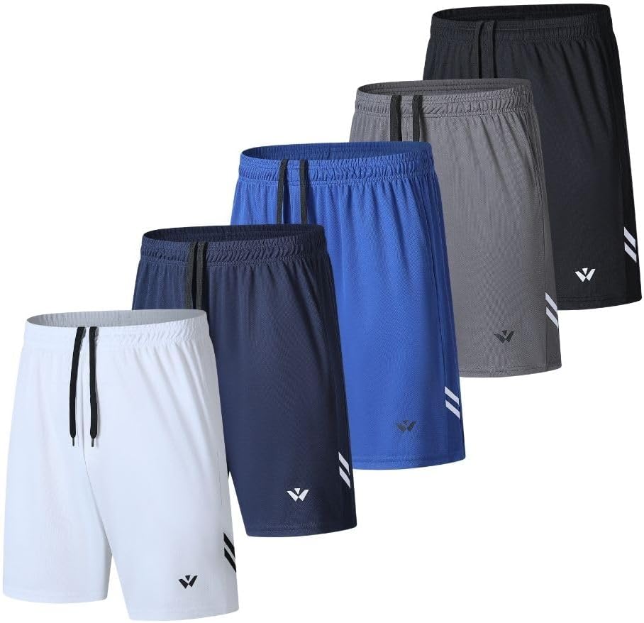 Pack of 5 Men's Athletic Shorts with Pockets and Elastic Waistband, Quick Dry, Running Shorts