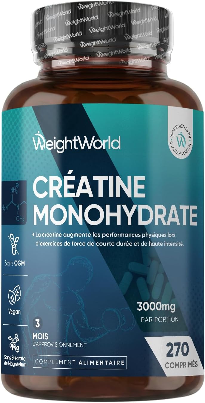Creatine Monohydrate 270 comprimés Vegan, 3000mg par Portion, 3 Mois d'approvisionnement, sans OGM, sans Gluten ni Colorants ni Arômes Artificiels et sans Stéarate de Magnésium | 270 comprimés végétaliens de créatine testés en laboratoire, 3 comprimés de
