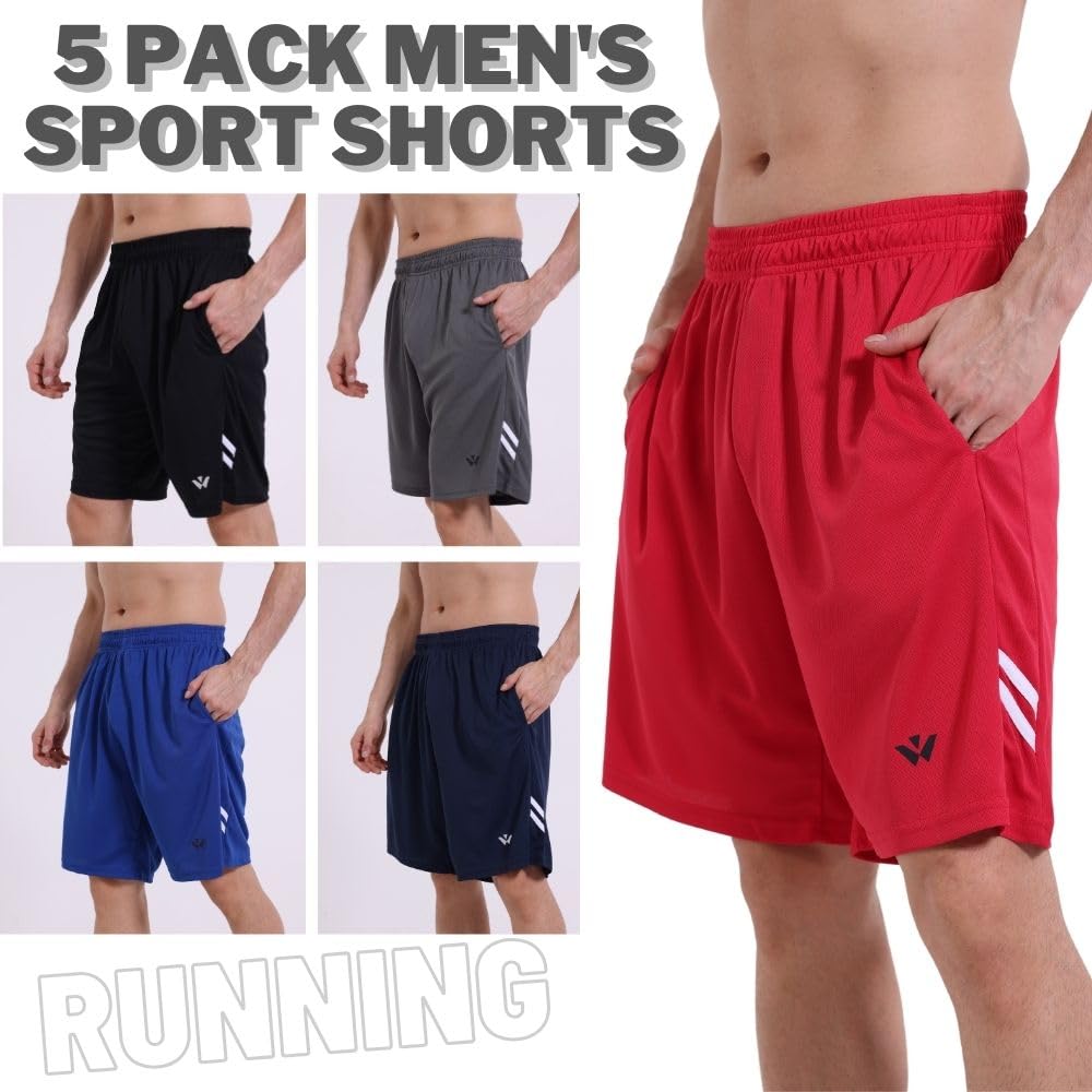 Lot de 5 shorts de sport pour homme avec poches et taille élastique, séchage rapide, shorts de course à pied