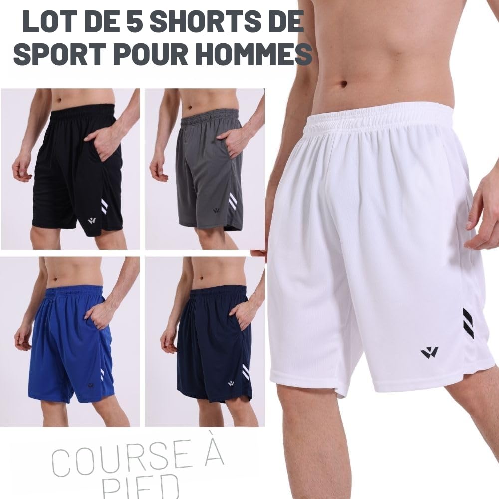 Lot de 5 shorts de sport pour homme avec poches et taille élastique, séchage rapide, shorts de course à pied