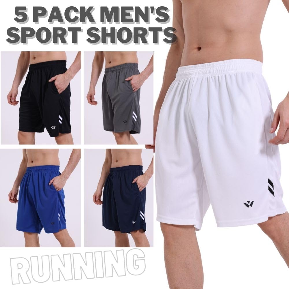 Lot de 5 shorts de sport pour homme avec poches et taille élastique, séchage rapide, shorts de course à pied