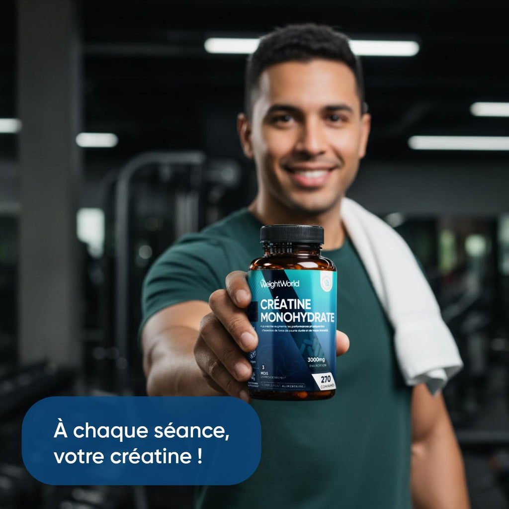 Creatine Monohydrate 270 comprimés Vegan, 3000mg par Portion, 3 Mois d'approvisionnement, sans OGM, sans Gluten ni Colorants ni Arômes Artificiels et sans Stéarate de Magnésium | 270 comprimés végétaliens de créatine testés en laboratoire, 3 comprimés de