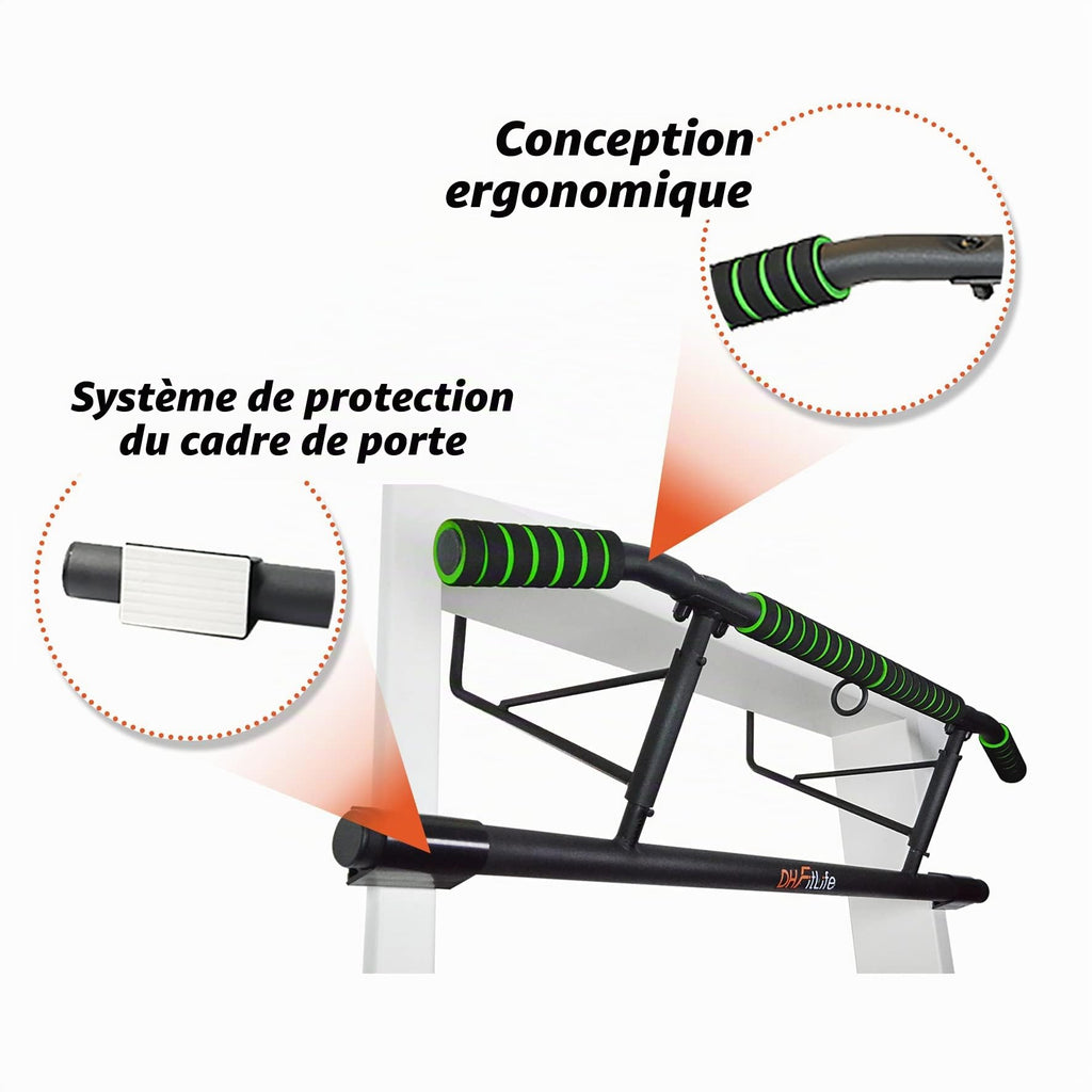 DH FitLife Barre de traction pour cadre de porte sans vis | Pull up bar Doorway | Barre d'étirement | Avec L'entraîneur à l'élingue | Pour cadre de porte 70-92cm
