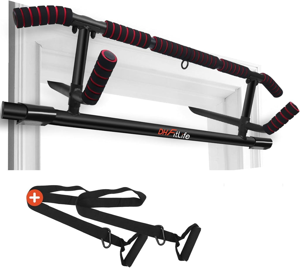 DH FitLife Barre de traction pour cadre de porte sans vis | Pull up bar Doorway | Barre d'étirement | Avec L'entraîneur à l'élingue | Pour cadre de porte 70-92cm