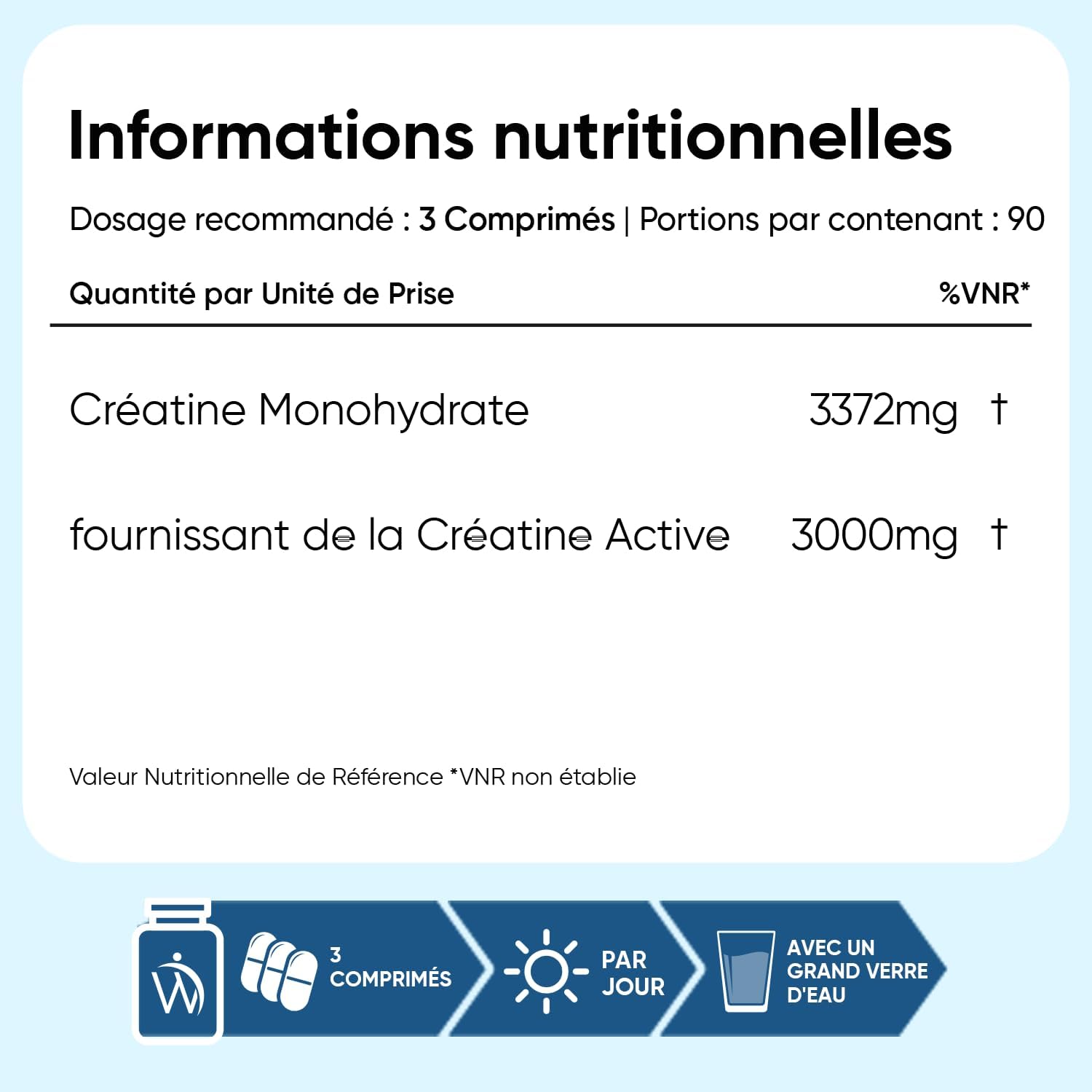 Creatine Monohydrate 270 comprimés Vegan, 3000mg par Portion, 3 Mois d'approvisionnement, sans OGM, sans Gluten ni Colorants ni Arômes Artificiels et sans Stéarate de Magnésium | 270 comprimés végétaliens de créatine testés en laboratoire, 3 comprimés de