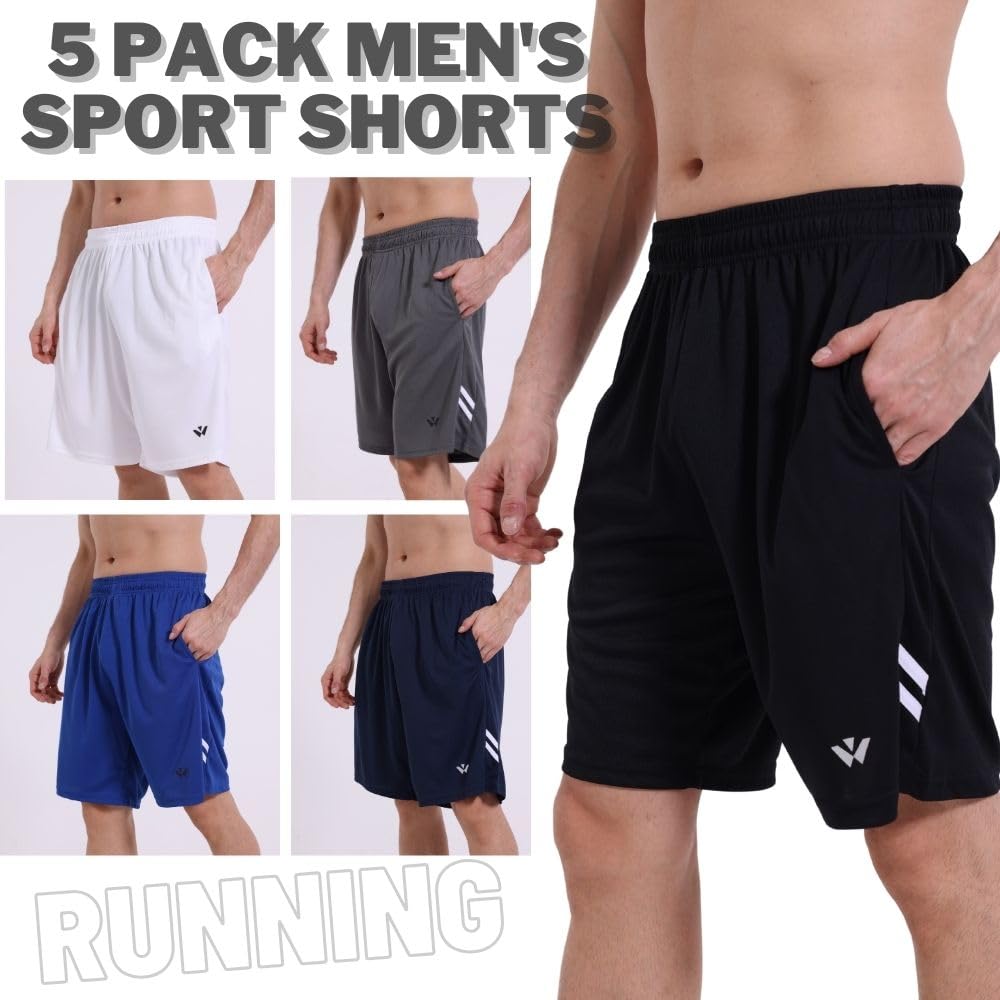 Lot de 5 shorts de sport pour homme avec poches et taille élastique, séchage rapide, shorts de course à pied