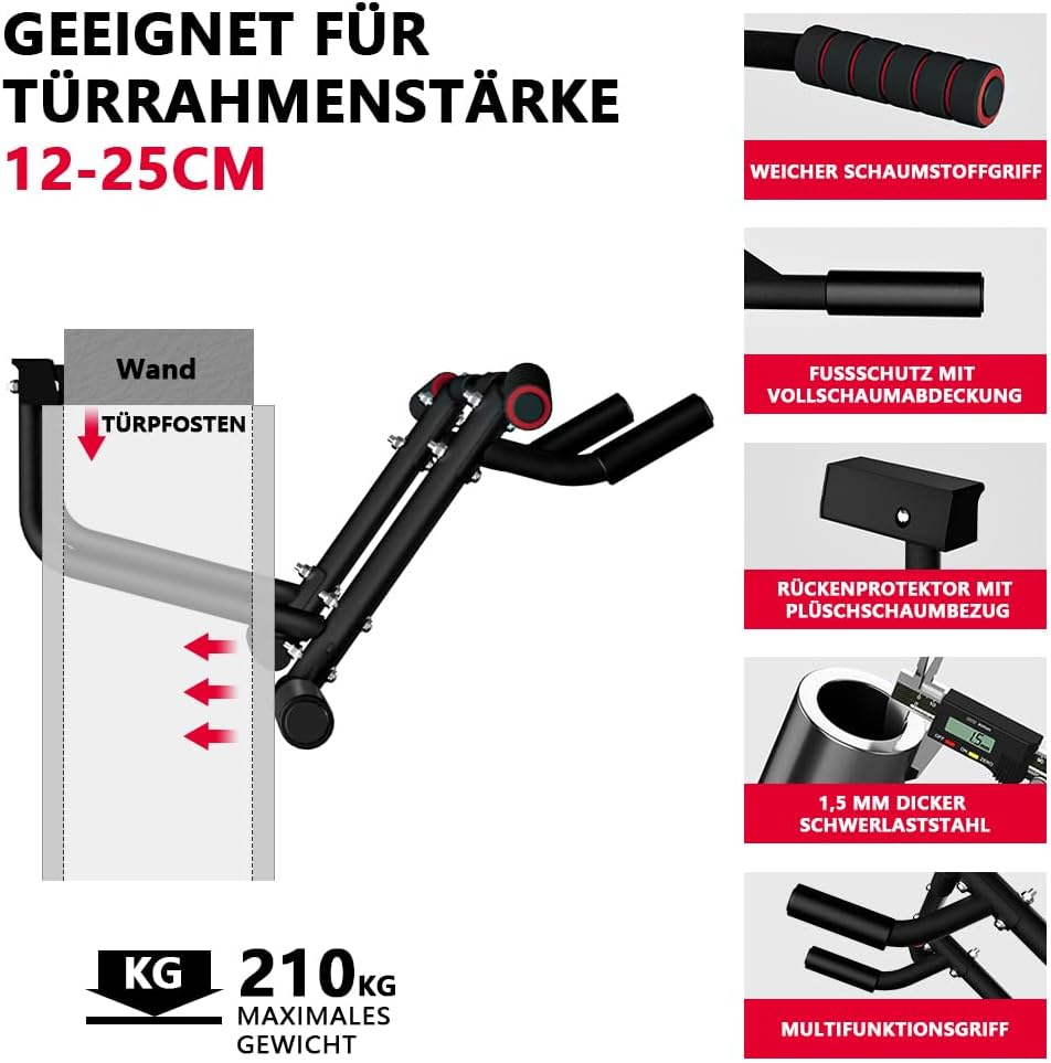 ONETWOFIT Barre de traction pour porte,Avec poignées antidérapantes,Jusqu'à 210 kg Multi-grip,Sans endommager le cadre de la porte,Largeur du cadre de porte Station de Musculation 2 en 1