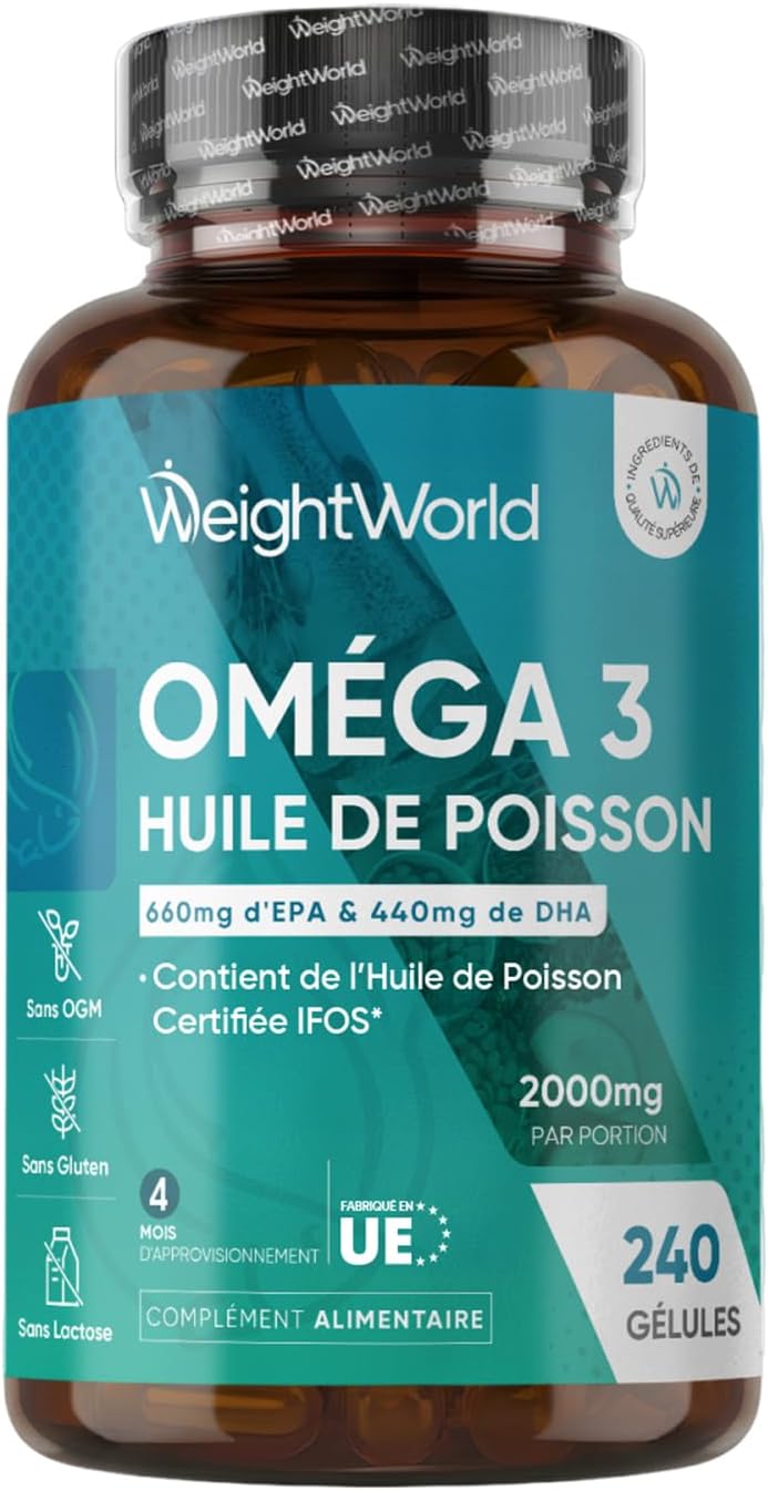 Oméga 3 Huile de Poisson Gélules 2000mg, 240 Gélules Fish Oil Omega 3 | avec EPA 660mg & DHA 440mg, Fish Oil Omega 3 sans Odeur sans OGM sans Gluten et sans Lactose