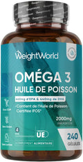 Oméga 3 Huile de Poisson Gélules 2000mg, 240 Gélules Fish Oil Omega 3 | avec EPA 660mg & DHA 440mg, Fish Oil Omega 3 sans Odeur sans OGM sans Gluten et sans Lactose