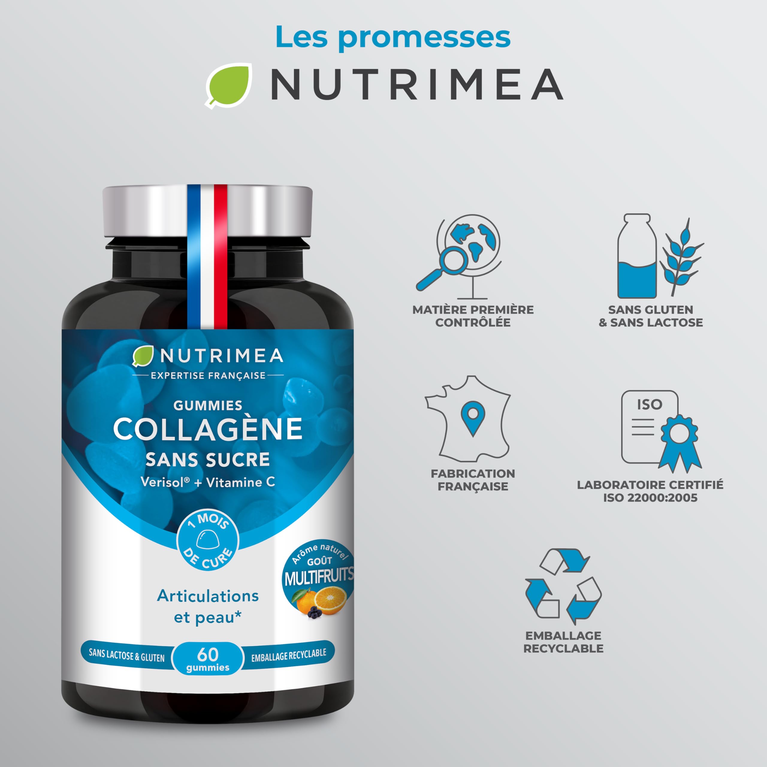 Collagene Marin | Types 1 & 2 Brevetés | Vitamines A, C & E Végétales | Pur et Naturel | Hydratation de la Peau | Protège Os et Cartilages | 900 mg | 90 Gélules | Nutrimea | Fabriqué en France