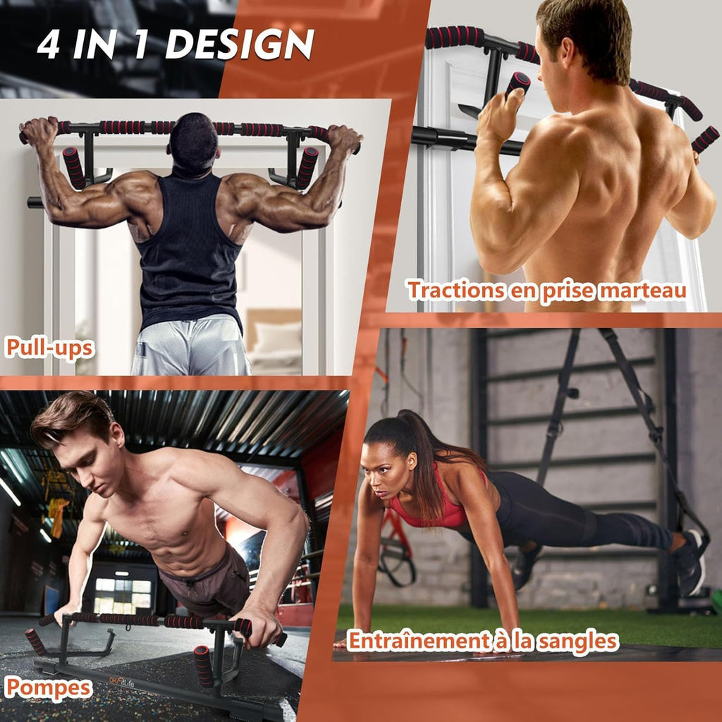 DH FitLife Barre de traction pour cadre de porte sans vis | Pull up bar Doorway | Barre d'étirement | Avec L'entraîneur à l'élingue | Pour cadre de porte 70-92cm