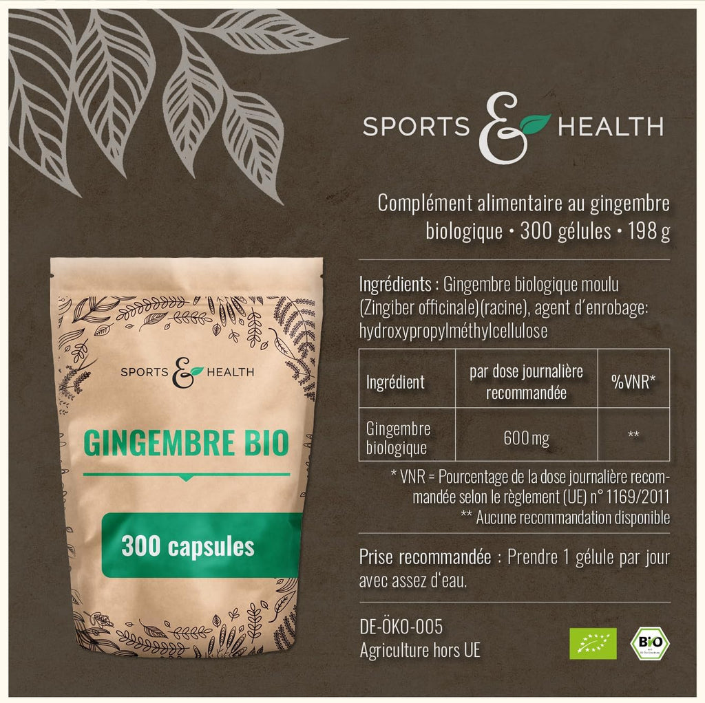 Gingembre Bio en Gélules 300-600mg par Jour Très Fortement Concentré | Culture Biologique 100% Vegan - Sans Additifs Ajoutés - Format Pratique pour une Cure Complète et Longue