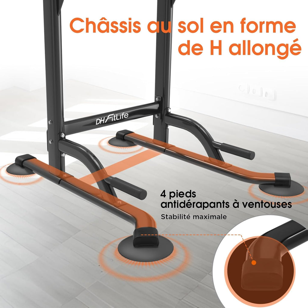 DH FitLife Barre de Traction Power Tower 10 Niveaux, Multifonction | Charge 150 kg｜Chaise Romaine Musculation｜Poignées Antidérapantes｜Barre Traction Réglable｜Home Gym Compact