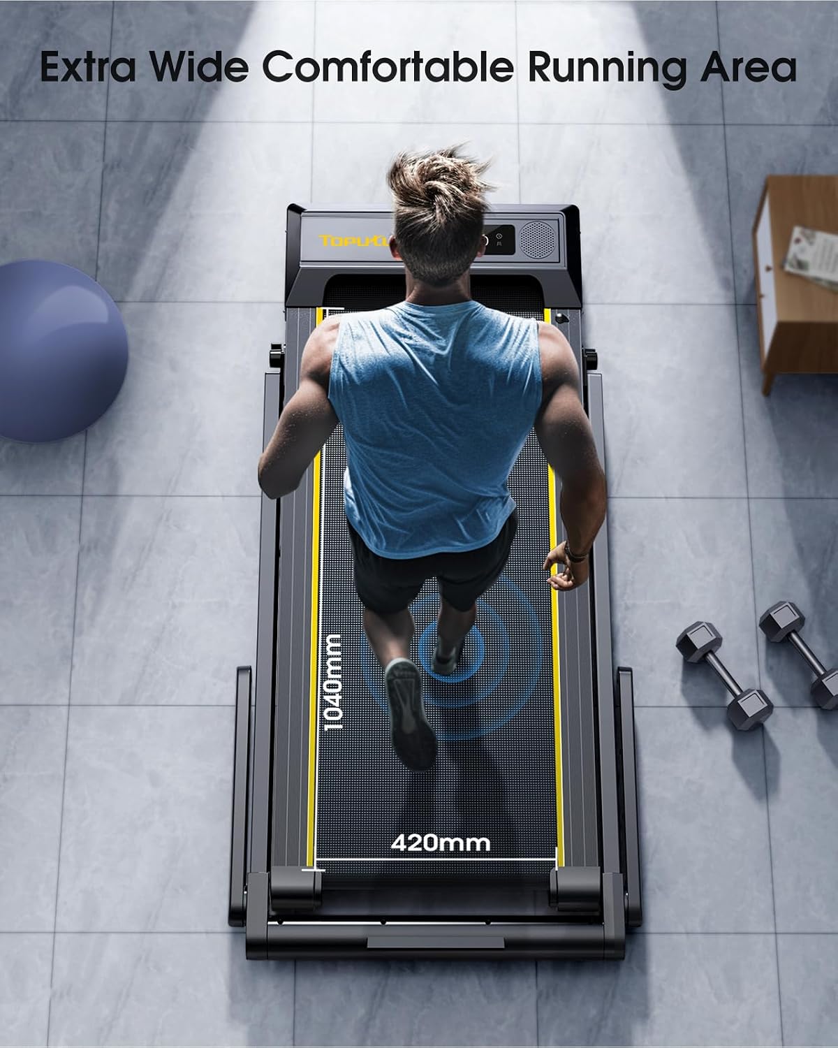 Treadmill, 16 km/h speed, 3-level incline adjustment, 12% max incline, 42 cm running belt, electric folding, dual LED display, heart rate measurement, APP control