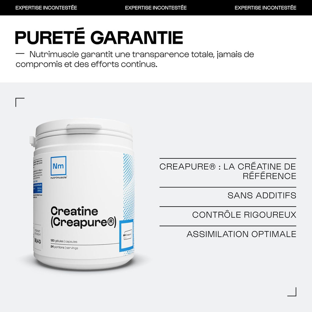 Nutrimuscle Créatine Monohydrate Creapure 120 Gélules | Prise Masse Musculaire & Force - Creatine 100% Pure - Sport et Musculation - Complément Idéal à la Whey Protéine - Gélules