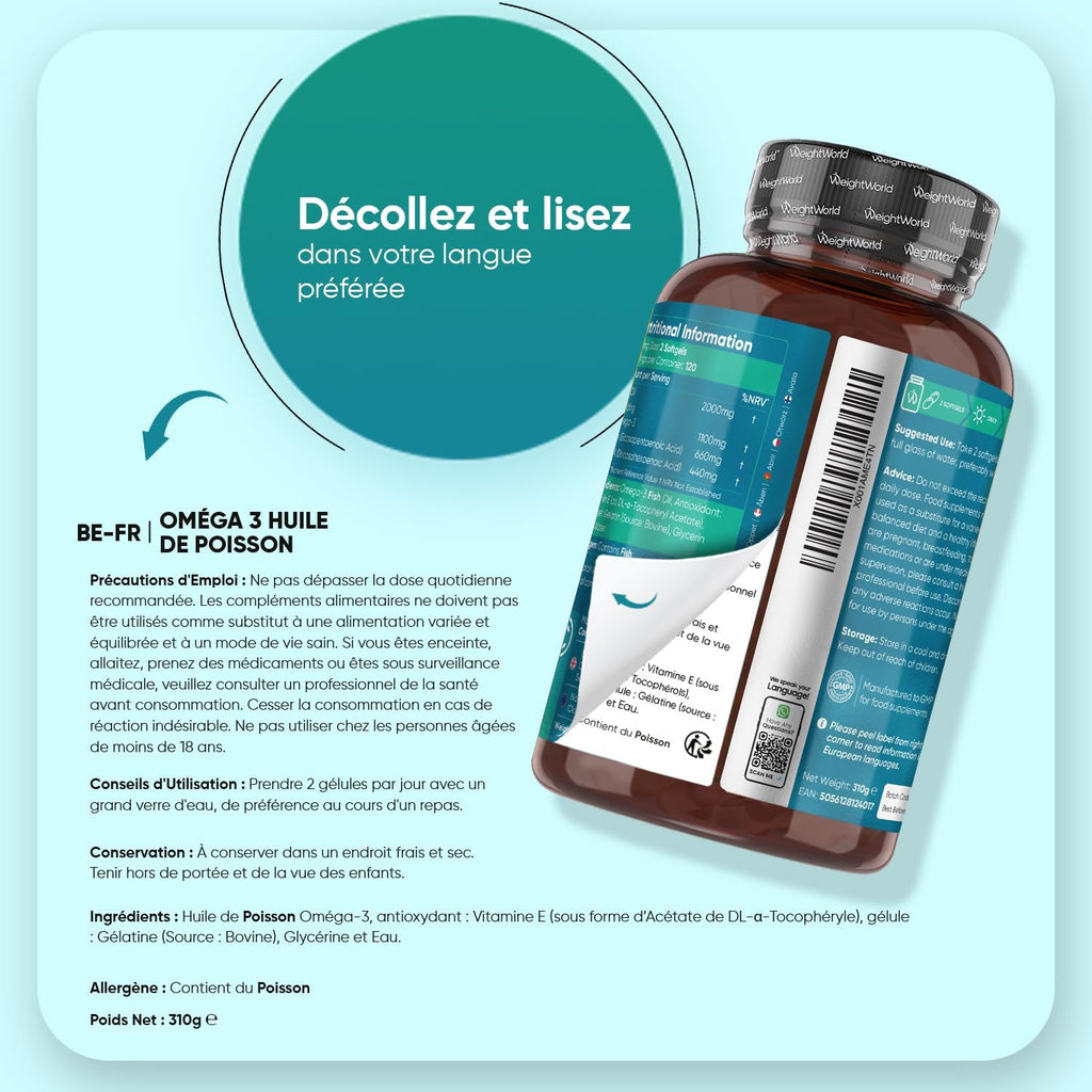 Oméga 3 Huile de Poisson Gélules 2000mg, 240 Gélules Fish Oil Omega 3 | avec EPA 660mg & DHA 440mg, Fish Oil Omega 3 sans Odeur sans OGM sans Gluten et sans Lactose