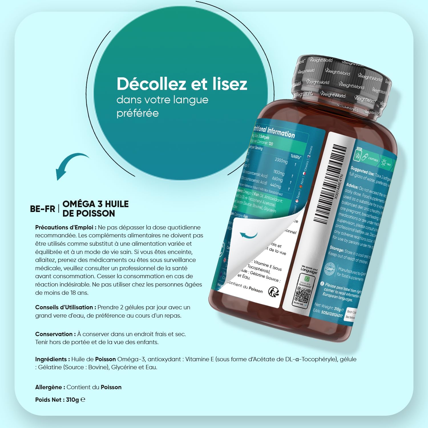 Oméga 3 Huile de Poisson Gélules 2000mg, 240 Gélules Fish Oil Omega 3 | avec EPA 660mg & DHA 440mg, Fish Oil Omega 3 sans Odeur sans OGM sans Gluten et sans Lactose