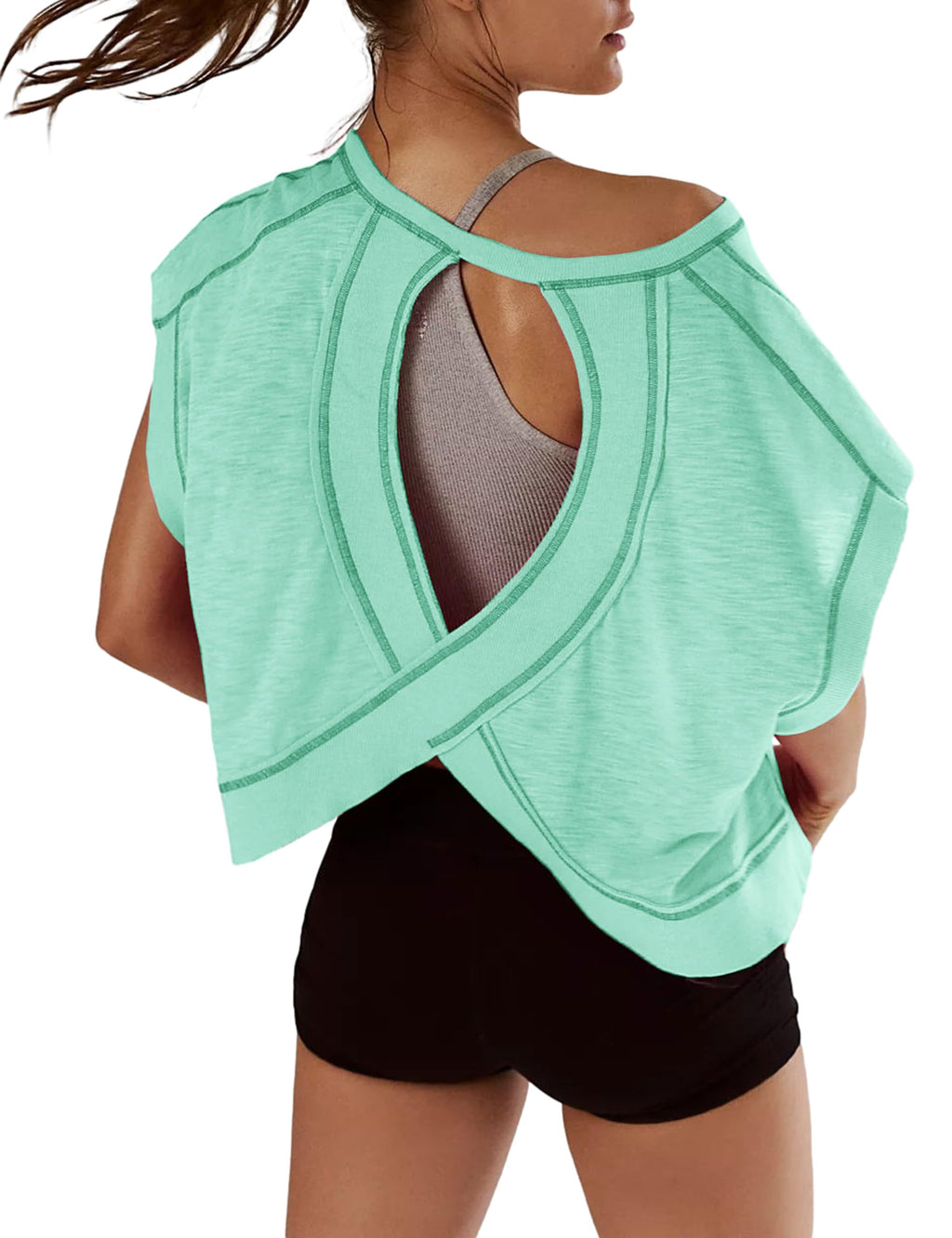 Kumufenc Women Short Sleeve Workout Shirts Open Back Tops Casual Yoga Y2k Athletic Gym Slouchy Crop Running Tees