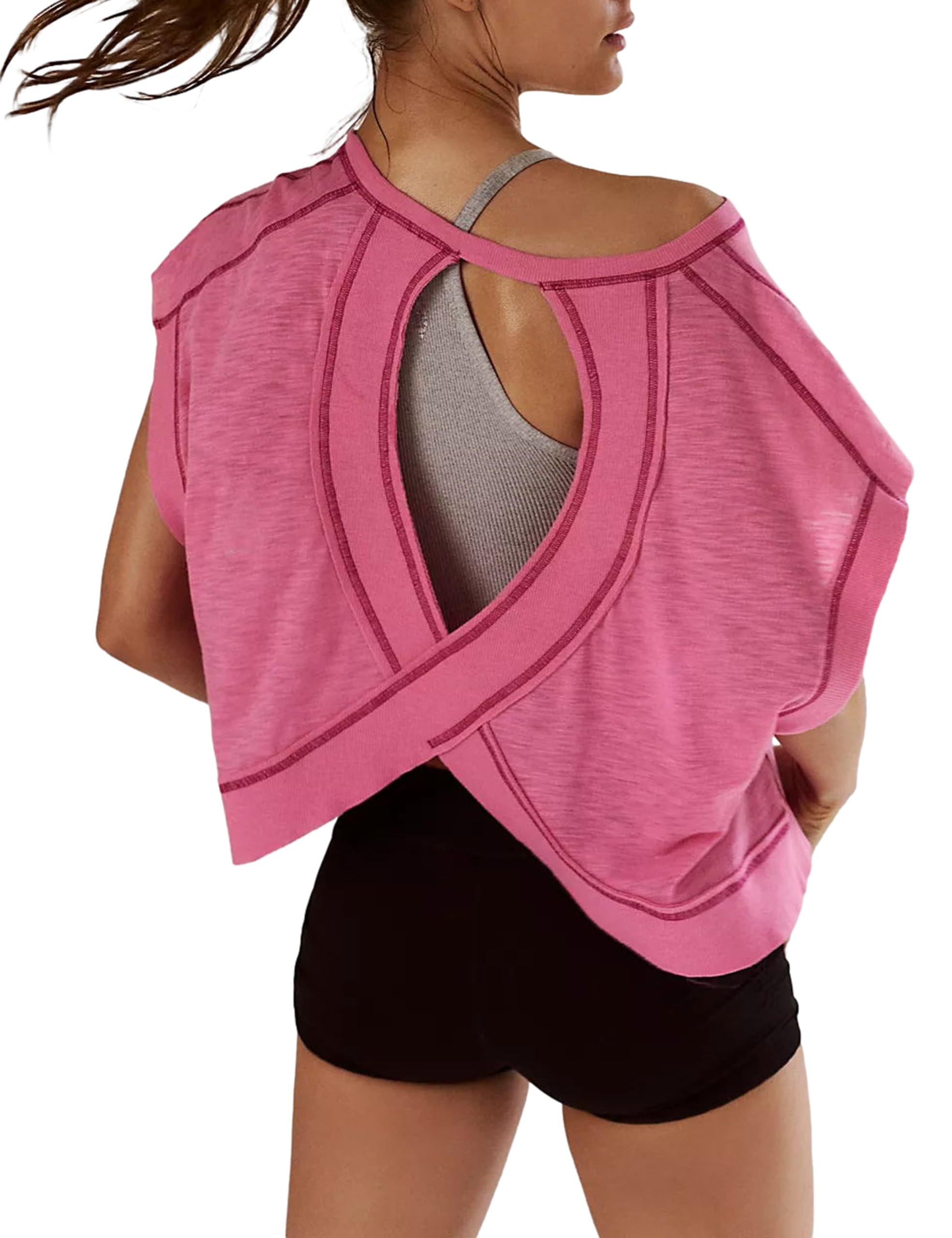 Kumufenc Women Short Sleeve Workout Shirts Open Back Tops Casual Yoga Y2k Athletic Gym Slouchy Crop Running Tees