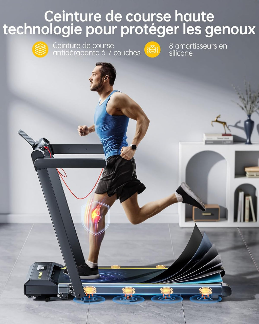 Treadmill, 16 km/h speed, 3-level incline adjustment, 12% max incline, 42 cm running belt, electric folding, dual LED display, heart rate measurement, APP control