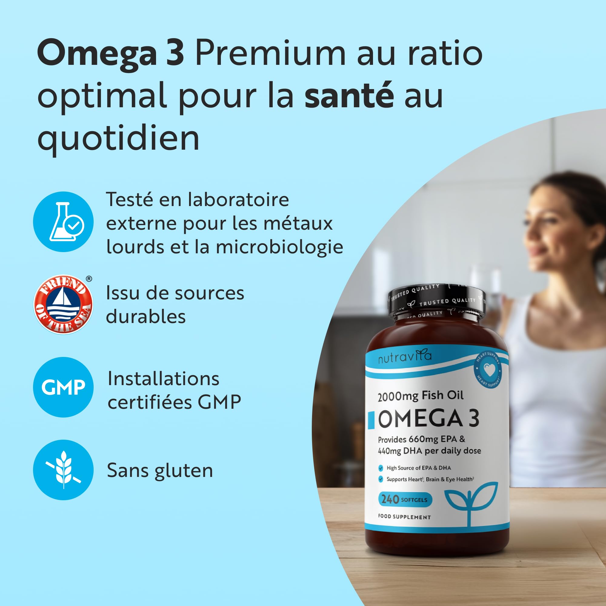 Nutravita Omega 3 Huile de Poissons 2000 mg - 480 Gélules - 8 Mois | Lot de 2 - Haute Concentration en EPA (660mg) & DHA (440mg) - Soutien Fonction Cardiaque et une Vision Normale