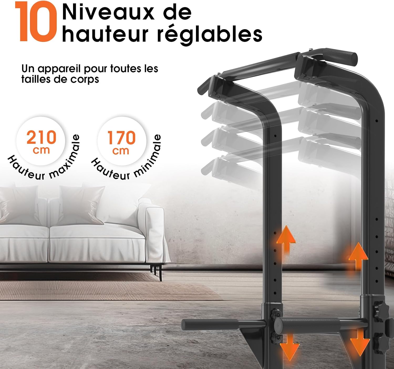 DH FitLife Barre de Traction Power Tower 10 Niveaux, Multifonction | Charge 150 kg｜Chaise Romaine Musculation｜Poignées Antidérapantes｜Barre Traction Réglable｜Home Gym Compact