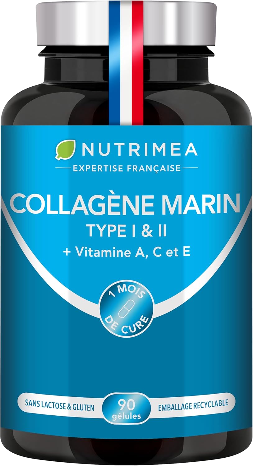 Collagene Marin | Types 1 & 2 Brevetés | Vitamines A, C & E Végétales | Pur et Naturel | Hydratation de la Peau | Protège Os et Cartilages | 900 mg | 90 Gélules | Nutrimea | Fabriqué en France