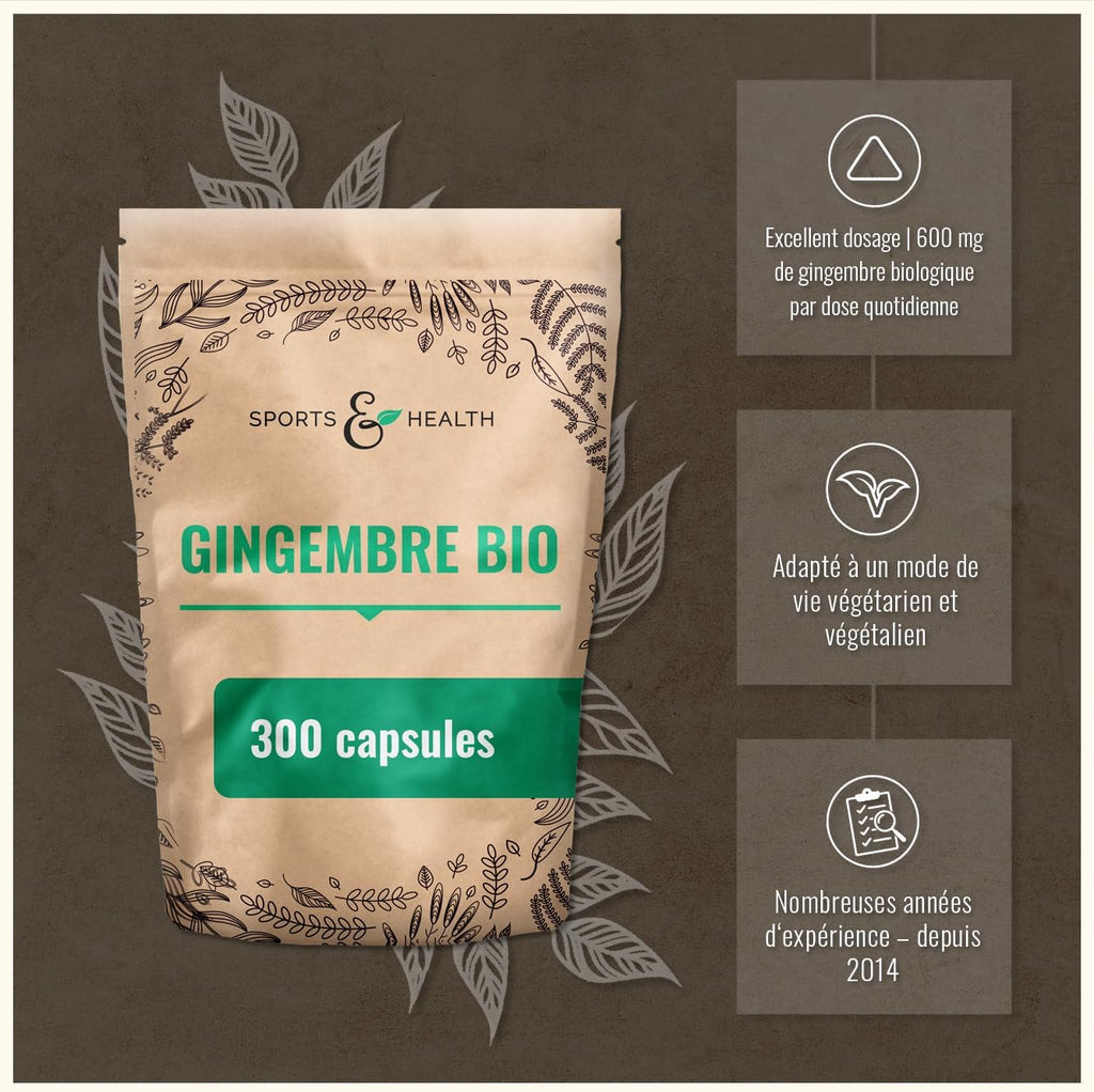 Gingembre Bio en Gélules 300-600mg par Jour Très Fortement Concentré | Culture Biologique 100% Vegan - Sans Additifs Ajoutés - Format Pratique pour une Cure Complète et Longue