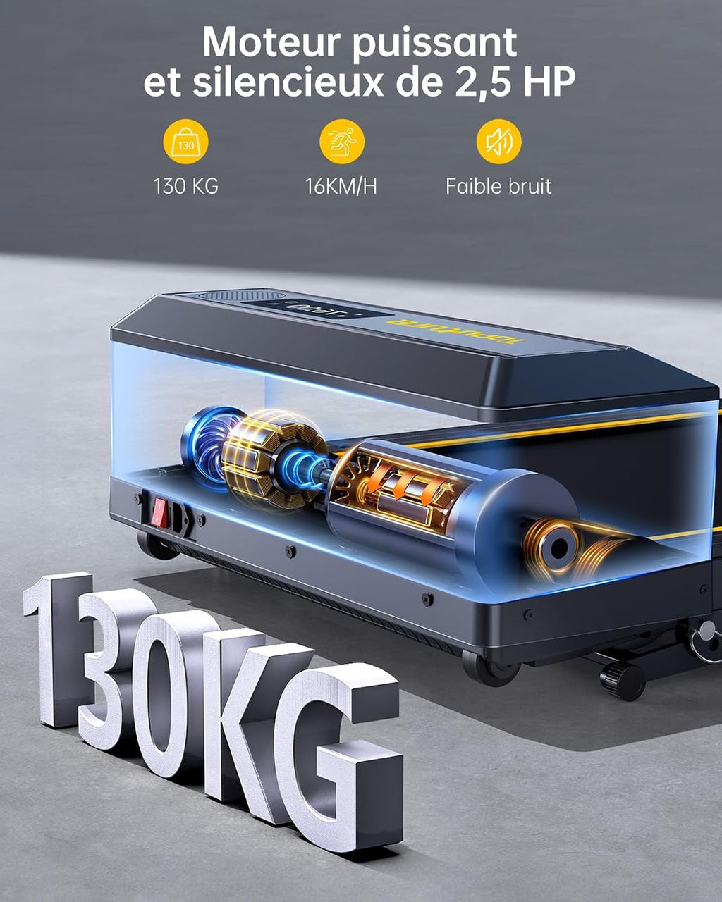 Treadmill, 16 km/h speed, 3-level incline adjustment, 12% max incline, 42 cm running belt, electric folding, dual LED display, heart rate measurement, APP control