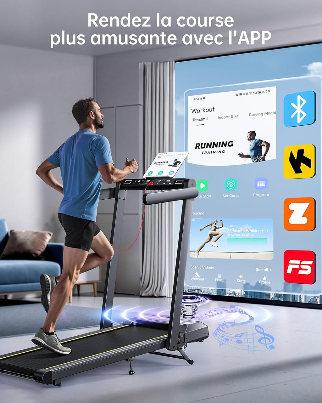 Treadmill, 16 km/h speed, 3-level incline adjustment, 12% max incline, 42 cm running belt, electric folding, dual LED display, heart rate measurement, APP control