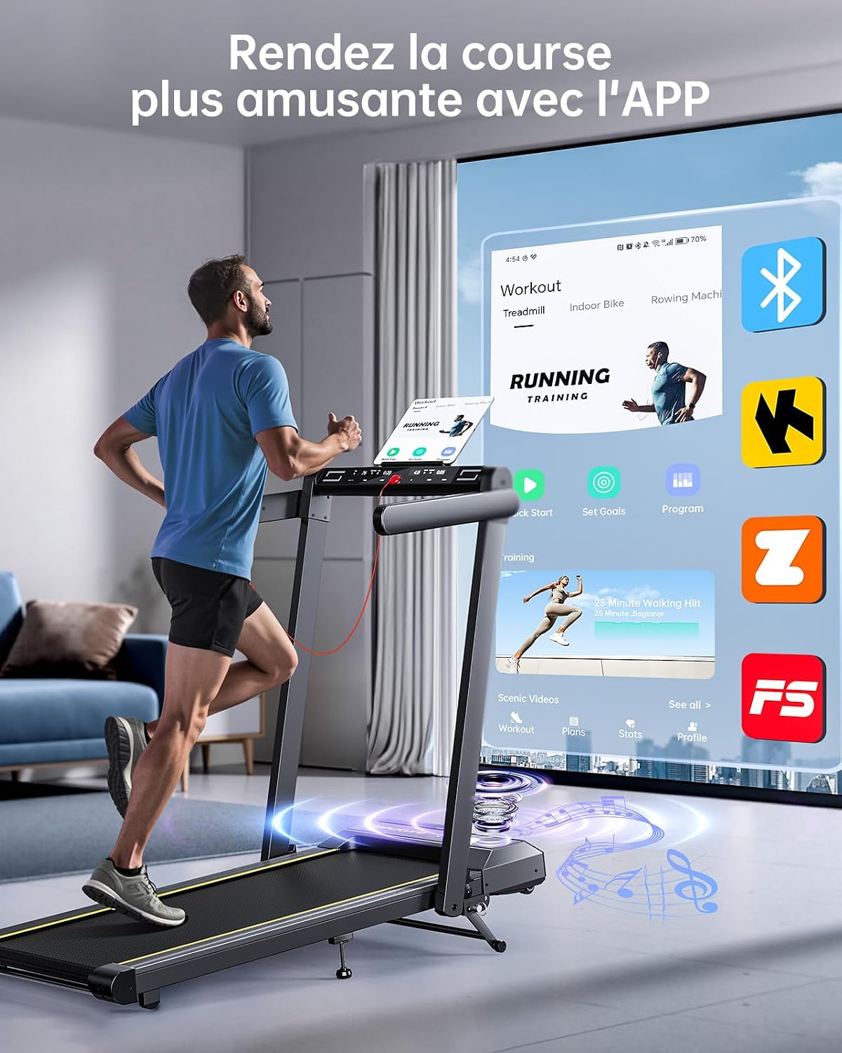 Treadmill, 16 km/h speed, 3-level incline adjustment, 12% max incline, 42 cm running belt, electric folding, dual LED display, heart rate measurement, APP control