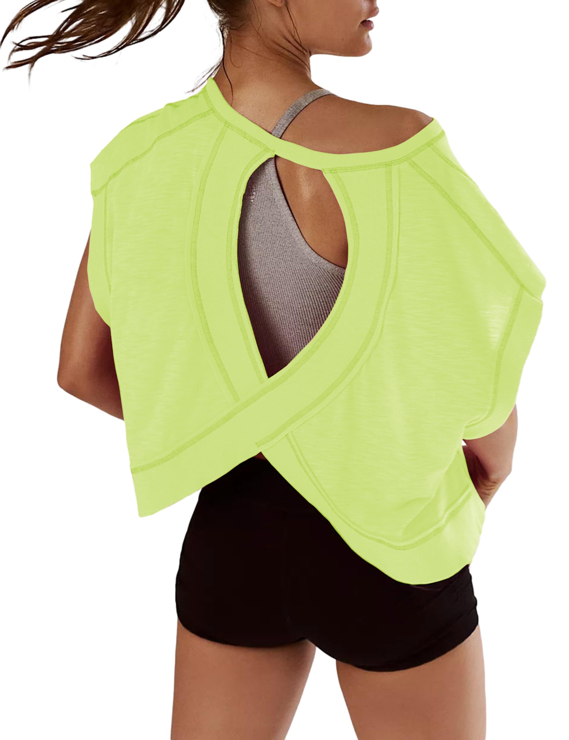 Kumufenc Women Short Sleeve Workout Shirts Open Back Tops Casual Yoga Y2k Athletic Gym Slouchy Crop Running Tees