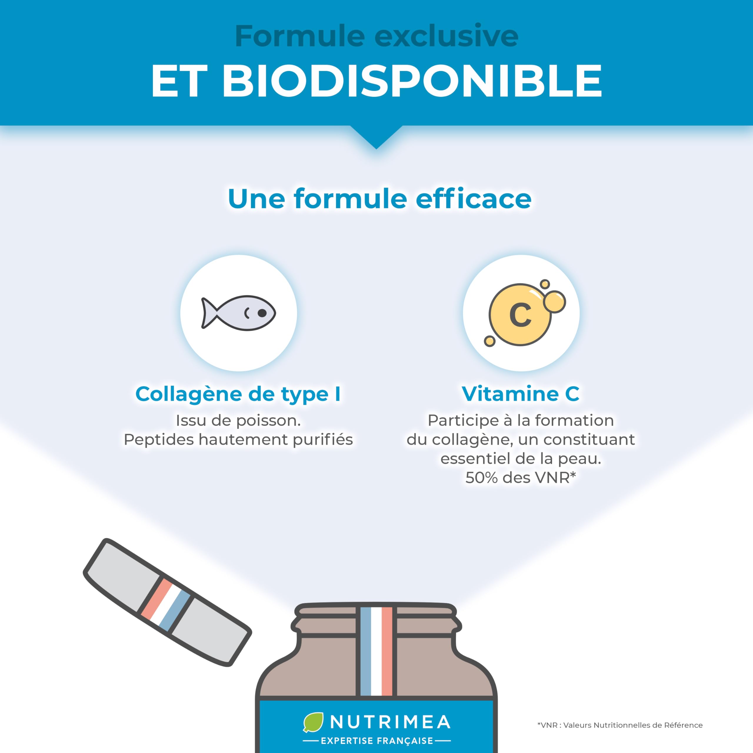 Collagene Marin | Types 1 & 2 Brevetés | Vitamines A, C & E Végétales | Pur et Naturel | Hydratation de la Peau | Protège Os et Cartilages | 900 mg | 90 Gélules | Nutrimea | Fabriqué en France