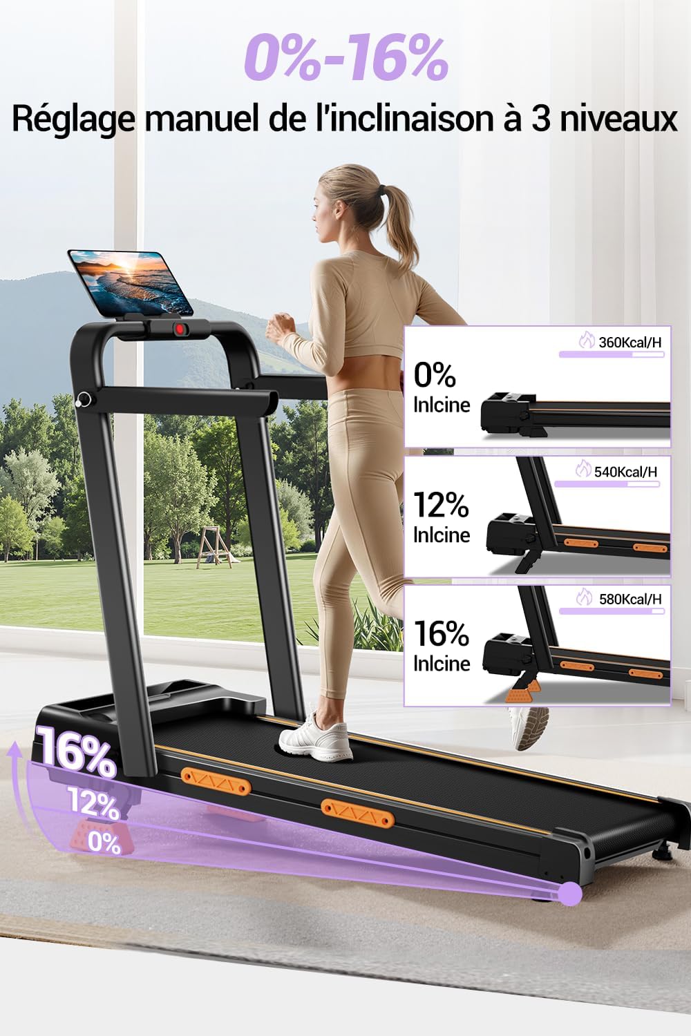 LONTEK 3.0HP Folding Treadmill with 16% Incline, with Armrests | 10km/h Folding Walking Pad with Incline, Remote Control, Treadmill Walking Pad, Desk Walking Pad, 159KG Max Load