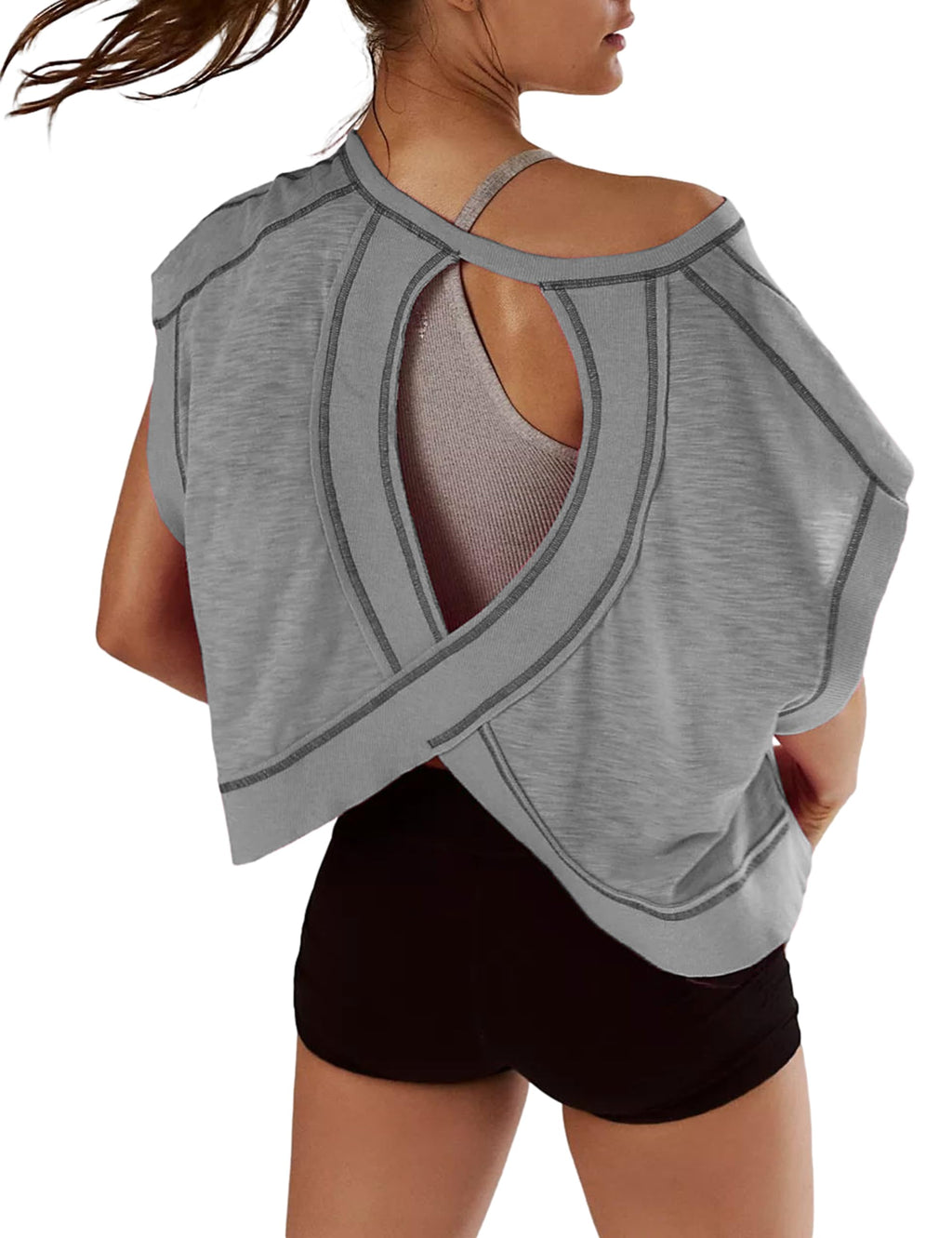 Kumufenc Women Short Sleeve Workout Shirts Open Back Tops Casual Yoga Y2k Athletic Gym Slouchy Crop Running Tees