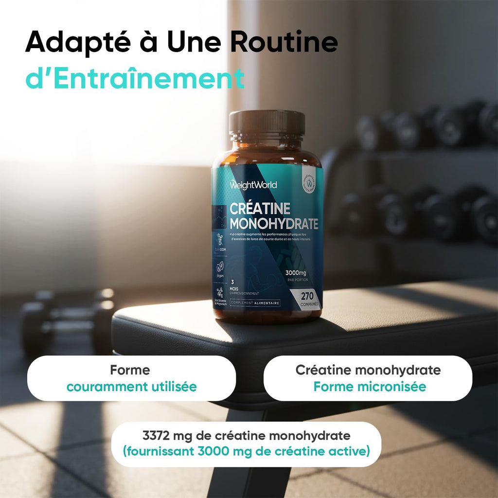 Creatine Monohydrate 270 comprimés Vegan, 3000mg par Portion, 3 Mois d'approvisionnement, sans OGM, sans Gluten ni Colorants ni Arômes Artificiels et sans Stéarate de Magnésium | 270 comprimés végétaliens de créatine testés en laboratoire, 3 comprimés de