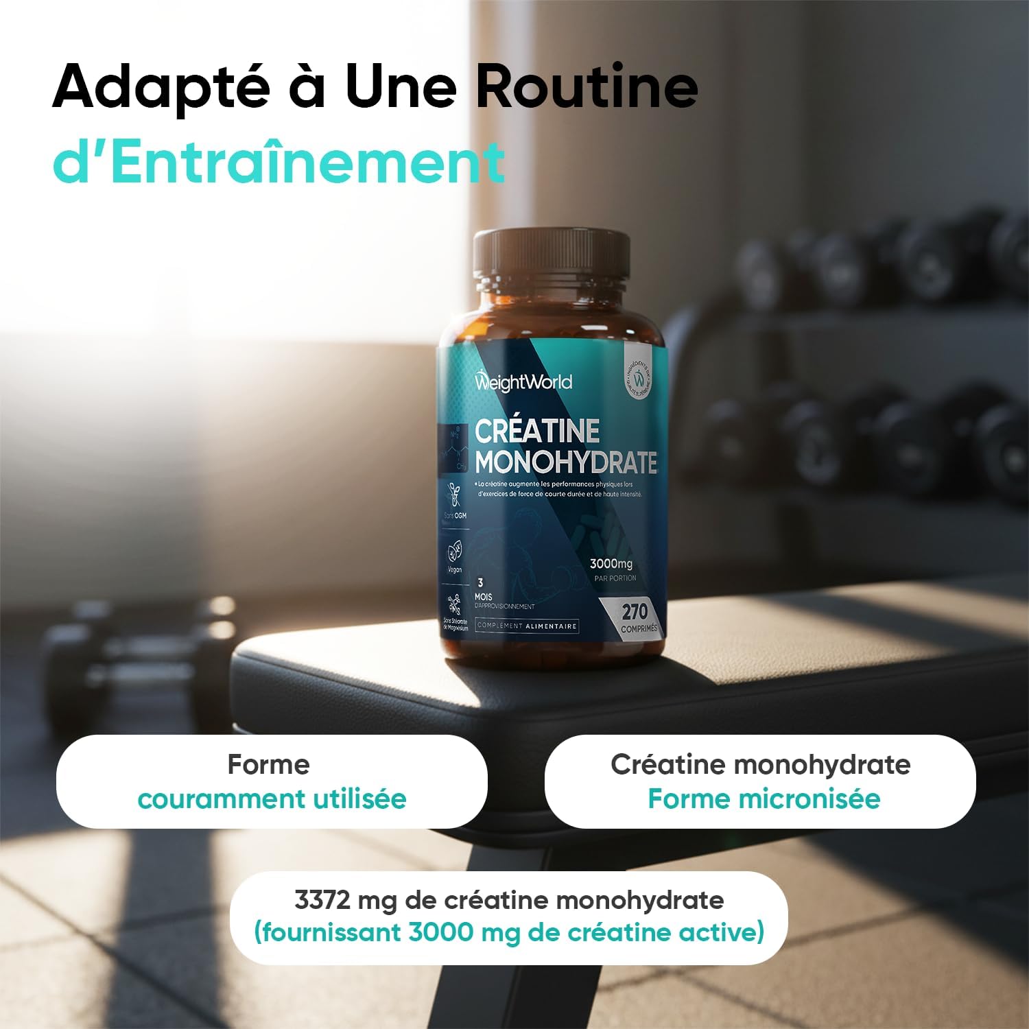 Creatine Monohydrate 270 comprimés Vegan, 3000mg par Portion, 3 Mois d'approvisionnement, sans OGM, sans Gluten ni Colorants ni Arômes Artificiels et sans Stéarate de Magnésium | 270 comprimés végétaliens de créatine testés en laboratoire, 3 comprimés de