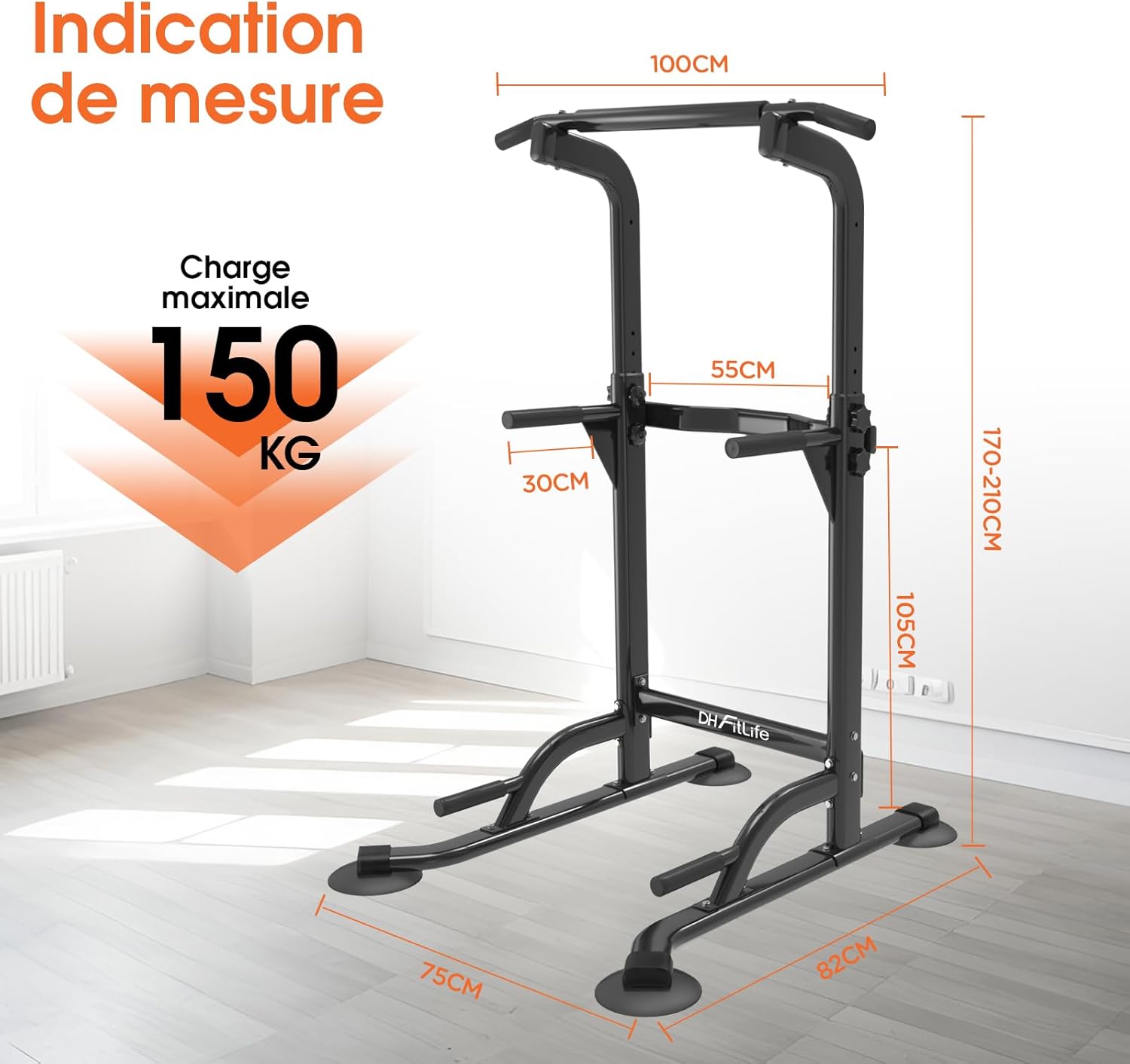 DH FitLife Barre de Traction Power Tower 10 Niveaux, Multifonction | Charge 150 kg｜Chaise Romaine Musculation｜Poignées Antidérapantes｜Barre Traction Réglable｜Home Gym Compact