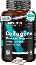 Collagène Marin Hydrolysé avec Magnésium Acide Hyaluronique Coenzyme Q10 | 120 Gélules - Peau Os Articulations - Vitamines A C D3 B12 Zinc - Haute Absorption - Sevens