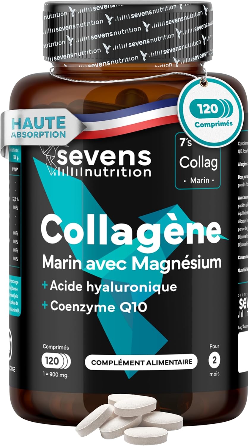 Collagène Marin Hydrolysé avec Magnésium Acide Hyaluronique Coenzyme Q10 | 120 Gélules - Peau Os Articulations - Vitamines A C D3 B12 Zinc - Haute Absorption - Sevens