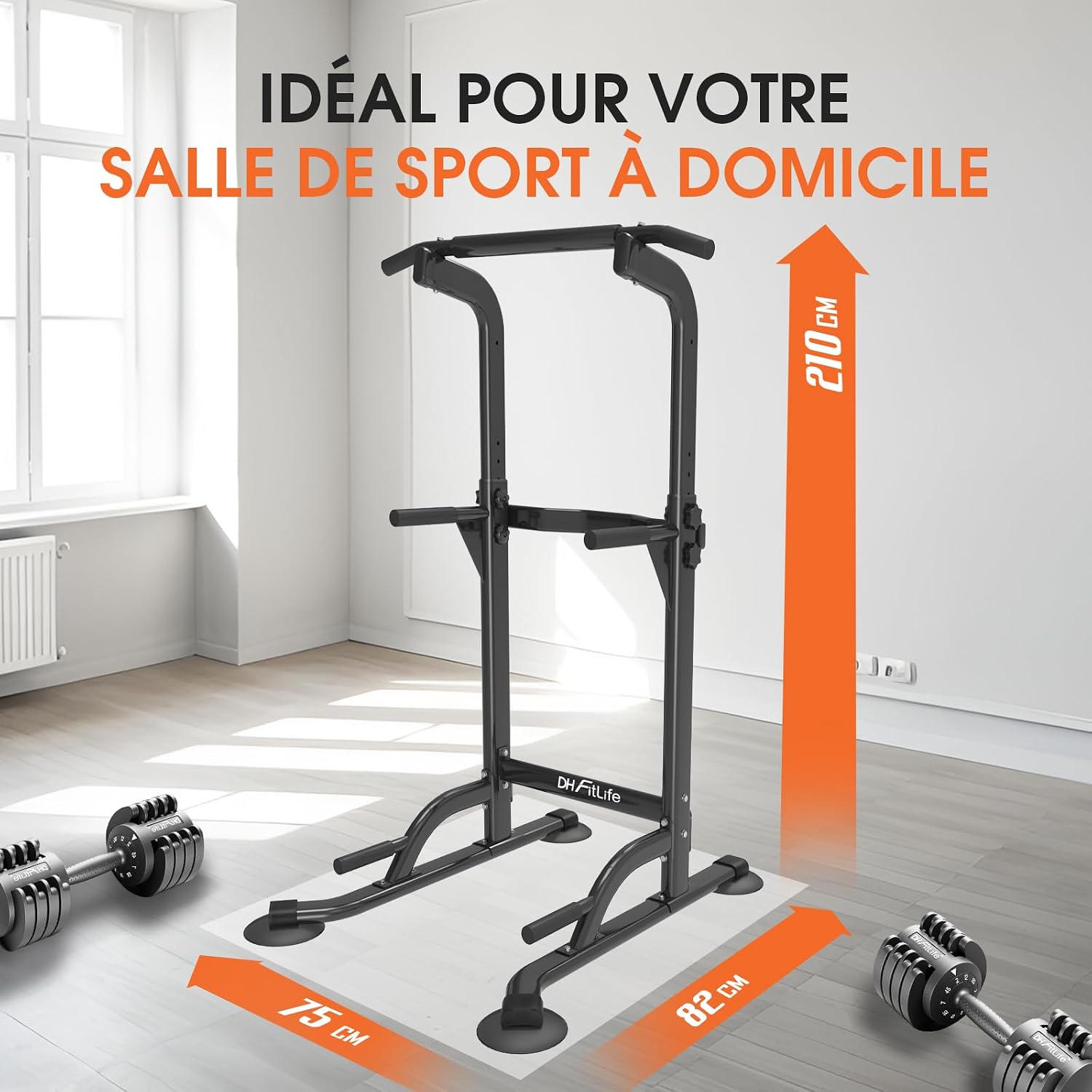DH FitLife Barre de Traction Power Tower 10 Niveaux, Multifonction | Charge 150 kg｜Chaise Romaine Musculation｜Poignées Antidérapantes｜Barre Traction Réglable｜Home Gym Compact