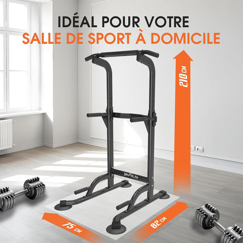 DH FitLife Barre de Traction Power Tower 10 Niveaux, Multifonction | Charge 150 kg｜Chaise Romaine Musculation｜Poignées Antidérapantes｜Barre Traction Réglable｜Home Gym Compact