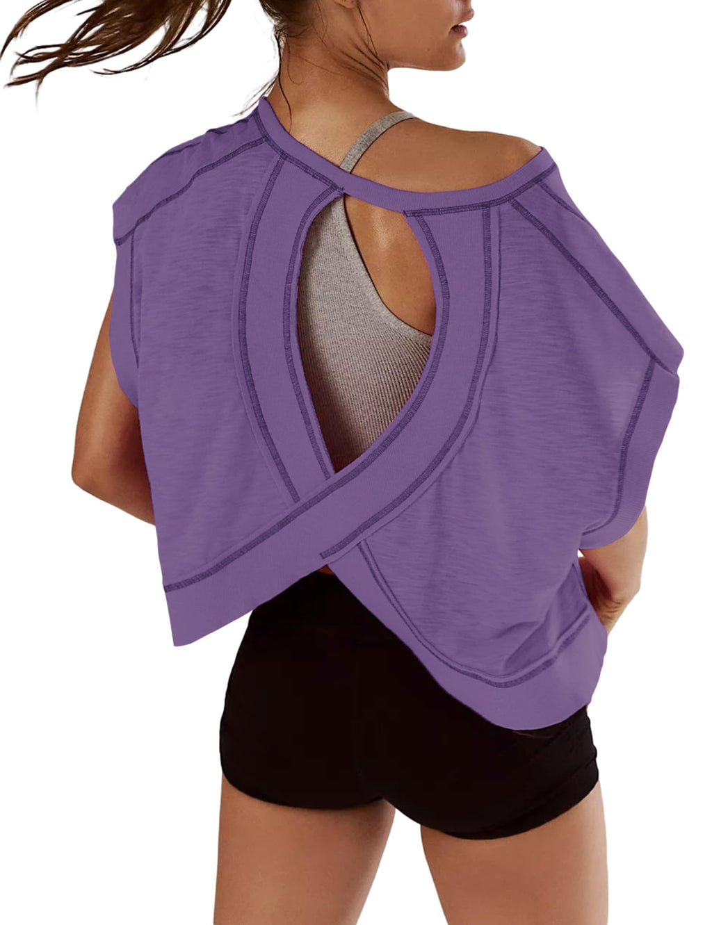 Kumufenc Women Short Sleeve Workout Shirts Open Back Tops Casual Yoga Y2k Athletic Gym Slouchy Crop Running Tees