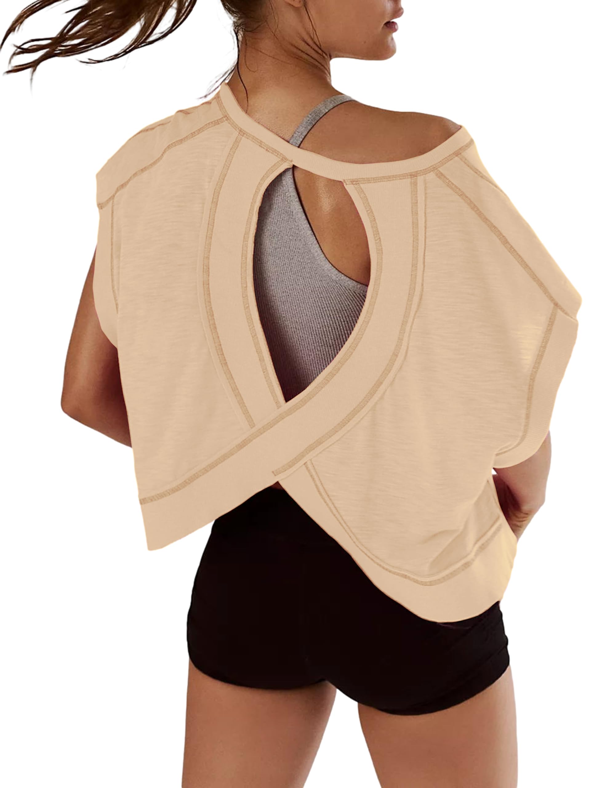 Kumufenc Women Short Sleeve Workout Shirts Open Back Tops Casual Yoga Y2k Athletic Gym Slouchy Crop Running Tees