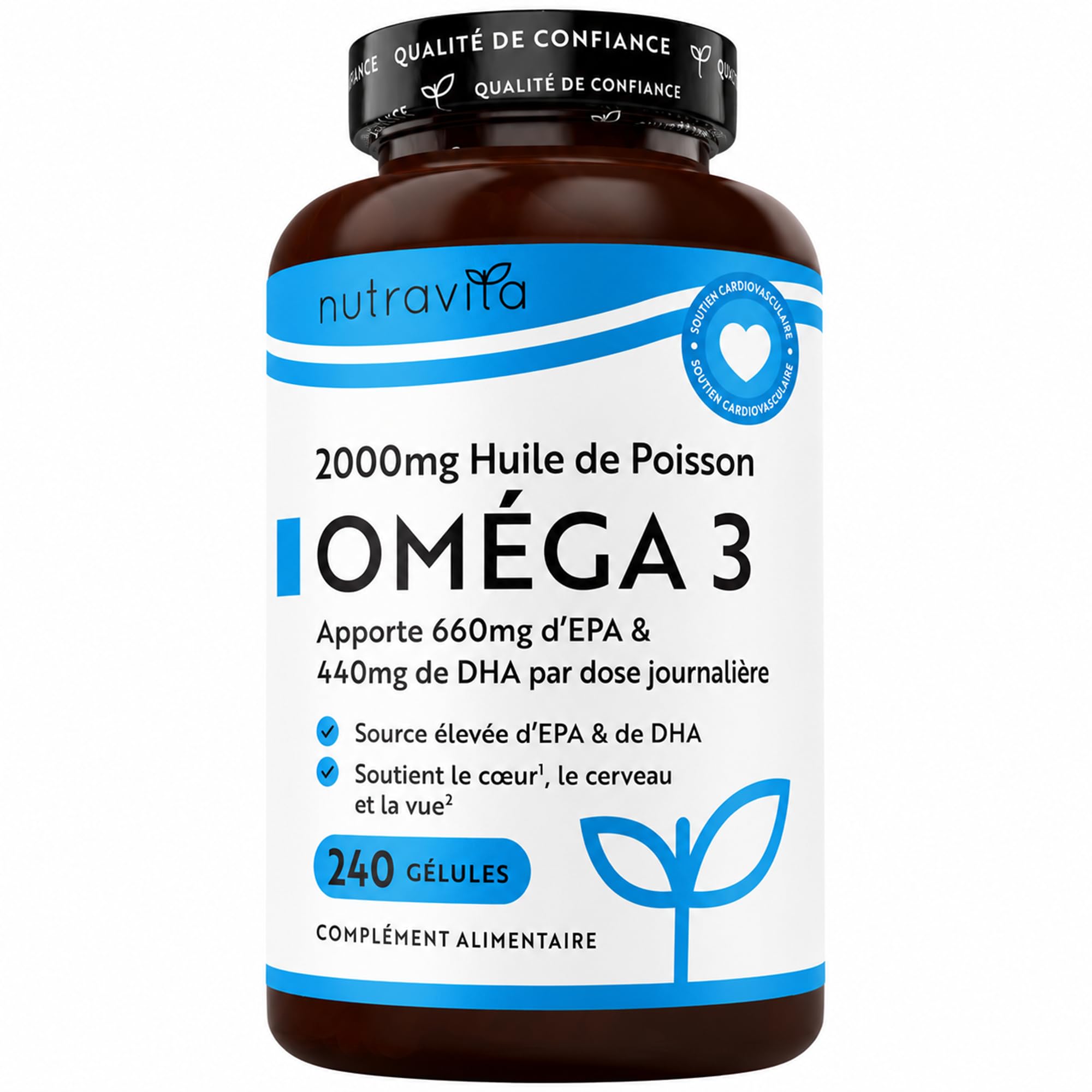 Nutravita Omega 3 Huile de Poissons 2000 mg - 480 Gélules - 8 Mois | Lot de 2 - Haute Concentration en EPA (660mg) & DHA (440mg) - Soutien Fonction Cardiaque et une Vision Normale