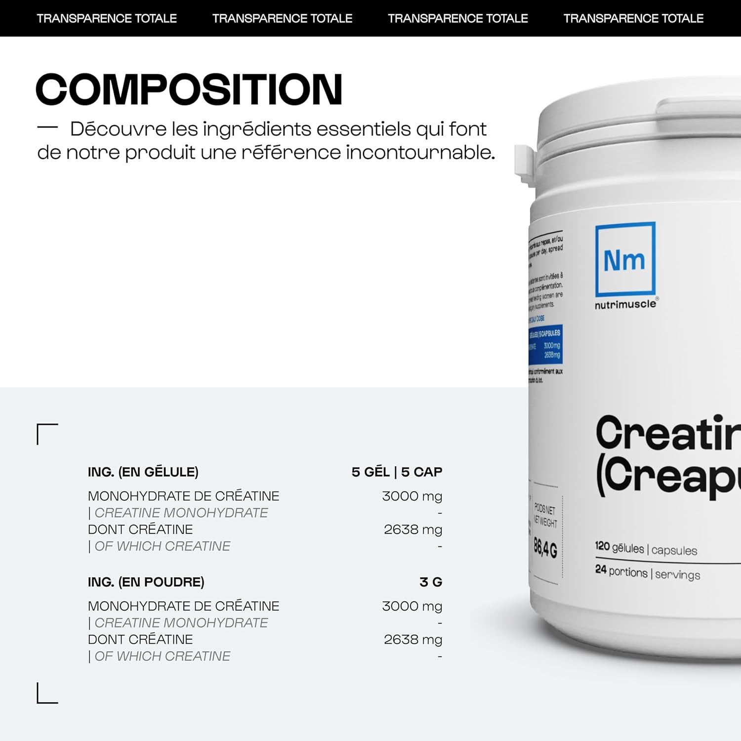 Nutrimuscle Créatine Monohydrate Creapure 120 Gélules | Prise Masse Musculaire & Force - Creatine 100% Pure - Sport et Musculation - Complément Idéal à la Whey Protéine - Gélules