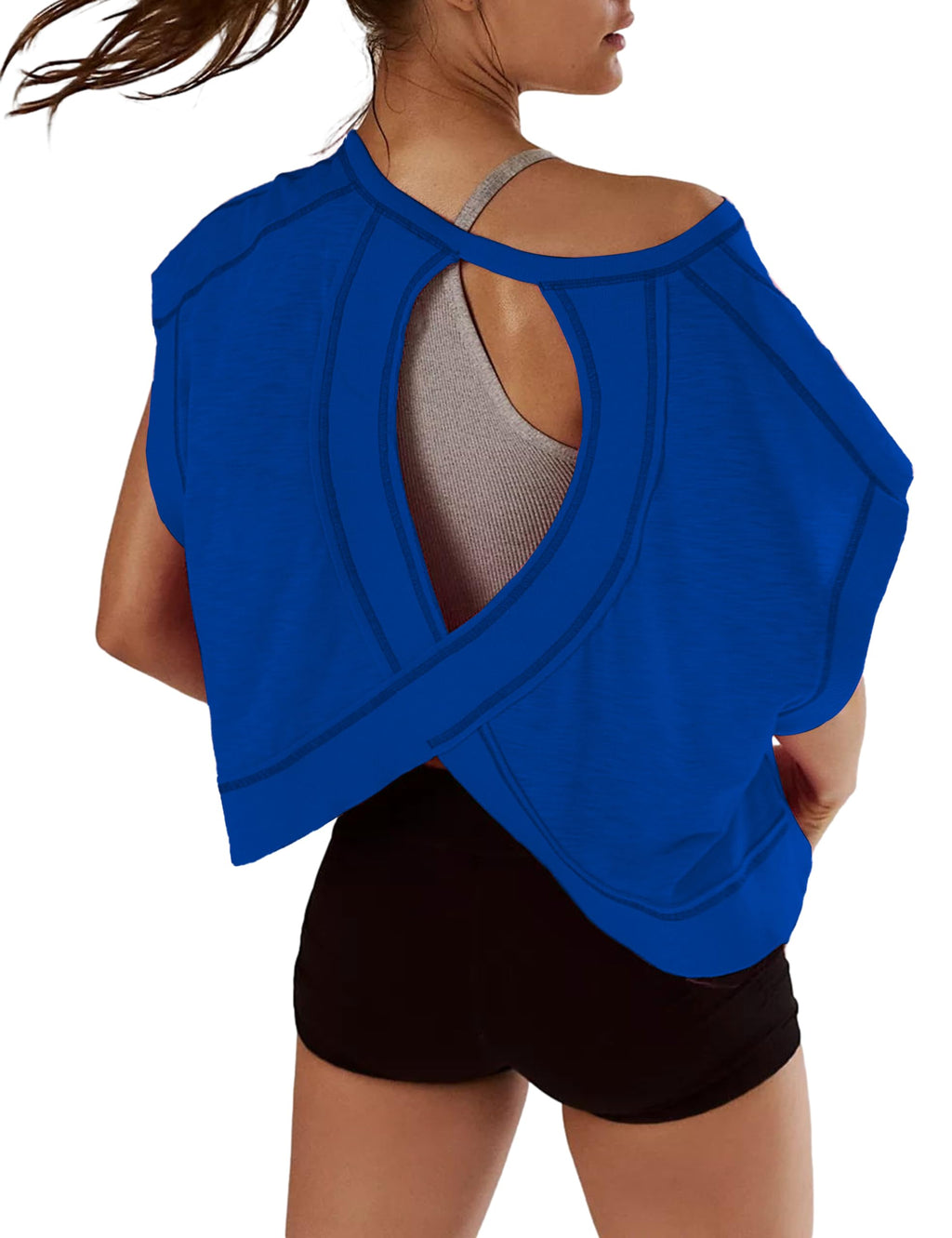 Kumufenc Women Short Sleeve Workout Shirts Open Back Tops Casual Yoga Y2k Athletic Gym Slouchy Crop Running Tees