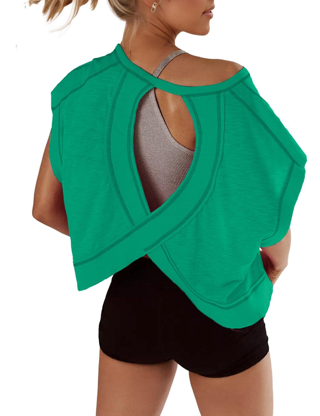 Kumufenc Women Short Sleeve Workout Shirts Open Back Tops Casual Yoga Y2k Athletic Gym Slouchy Crop Running Tees