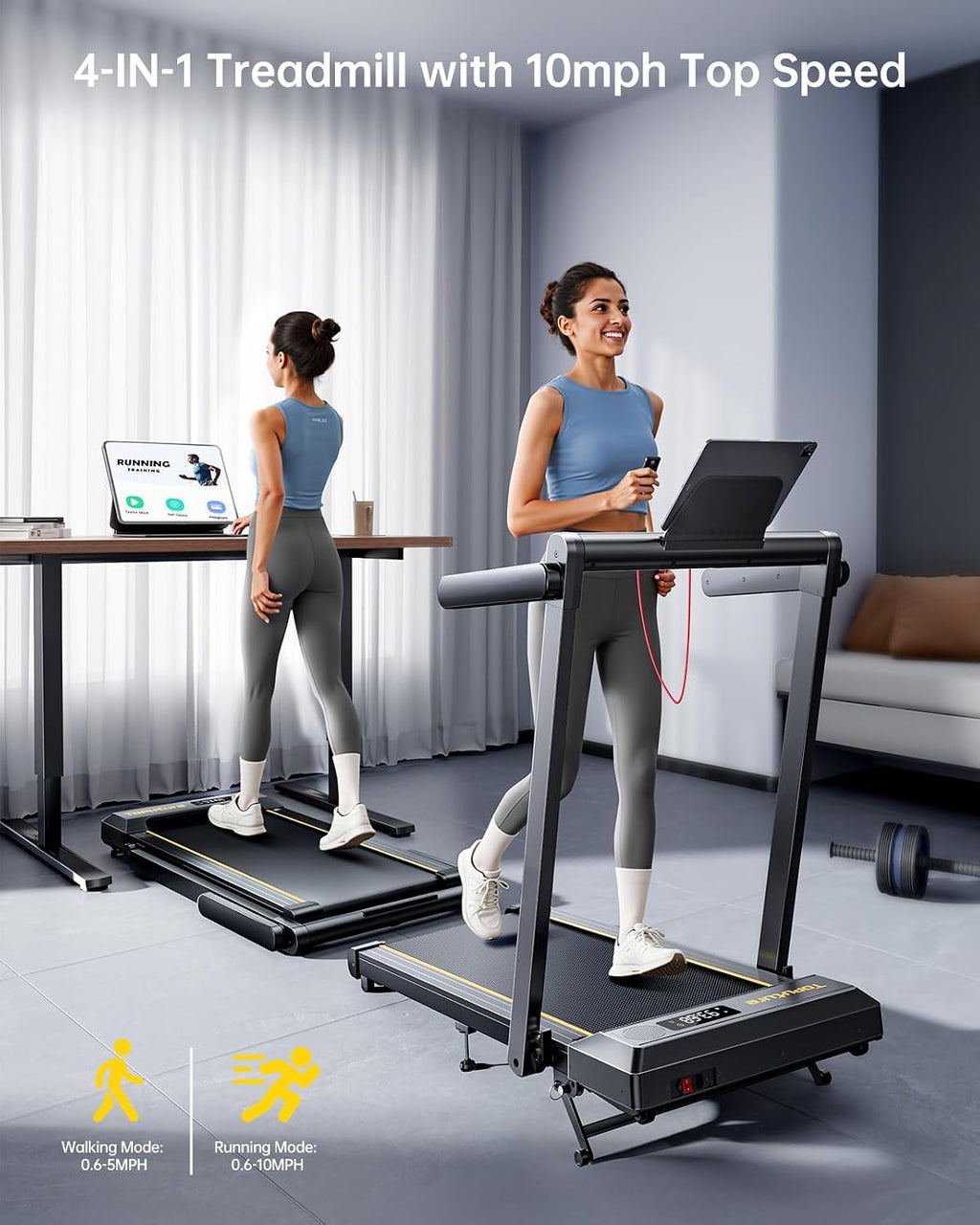Treadmill, 16 km/h speed, 3-level incline adjustment, 12% max incline, 42 cm running belt, electric folding, dual LED display, heart rate measurement, APP control